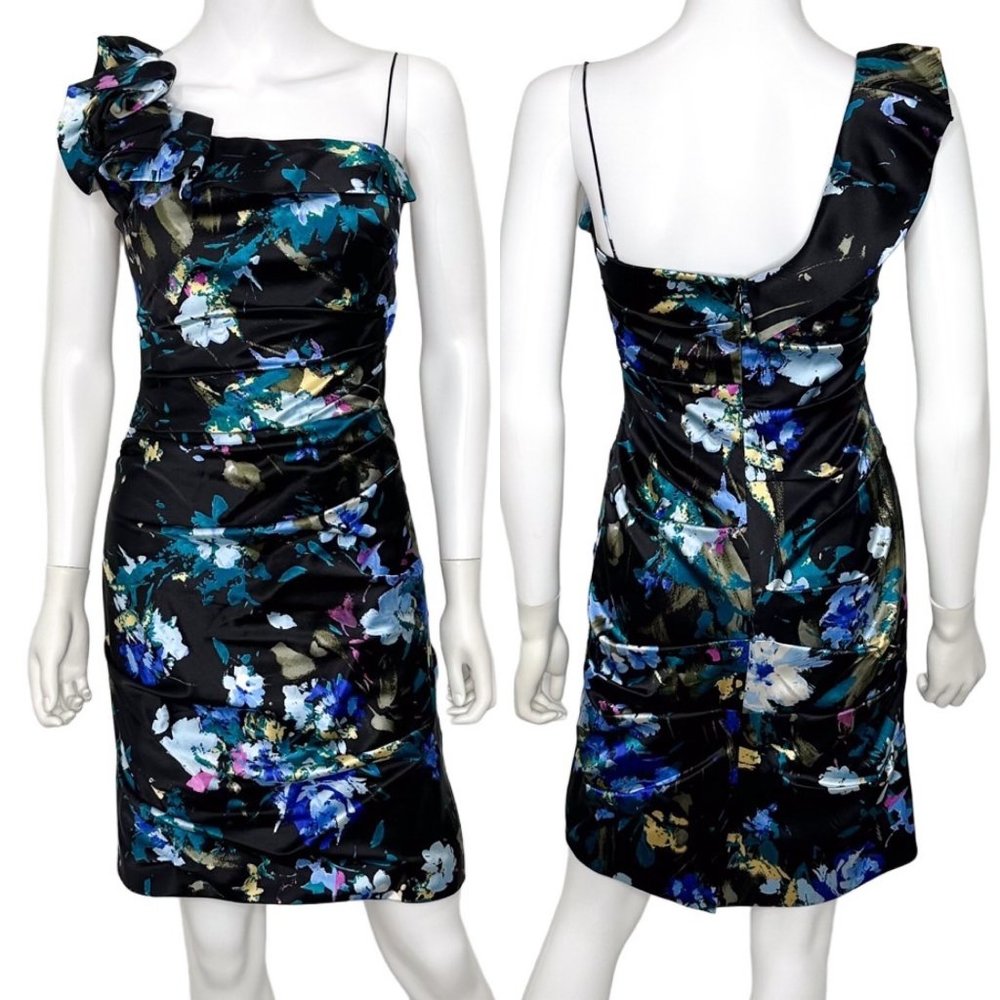 Teri Jon by Rickie Freeman Ruched One Shoulder Floral Print Silk Cocktail Dress